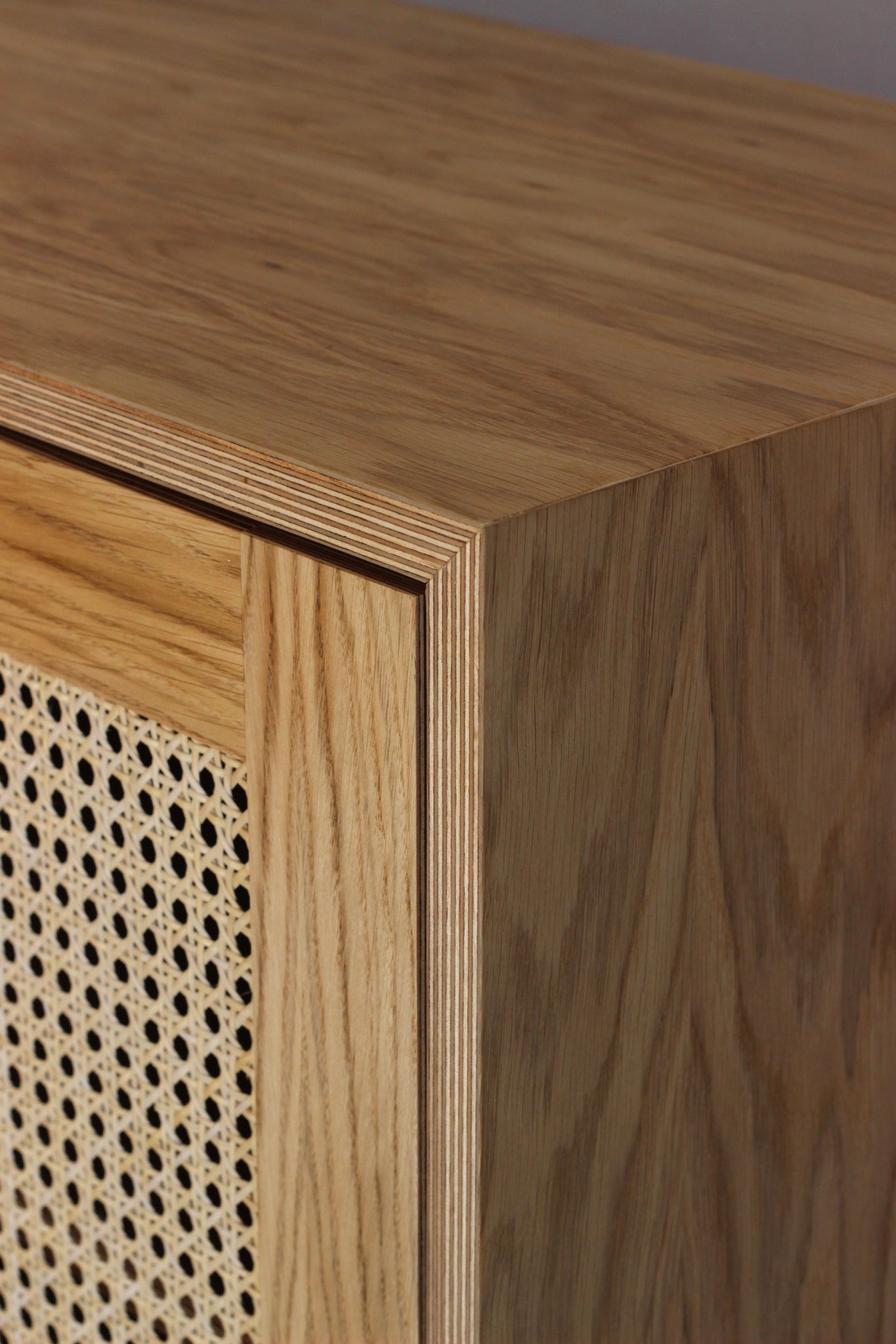 Handmade woven cabinet. It features oak veneered ply with solid oak legs. Made by Jon Grant in Leyton, East London.