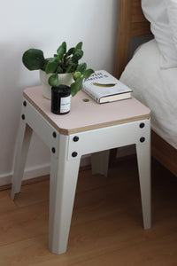 Our low stool is designed and made by Jon Grant London in Leyton, East London. It features metal powder coated legs with Forbo lino top is a perfect sustainable option for your home.