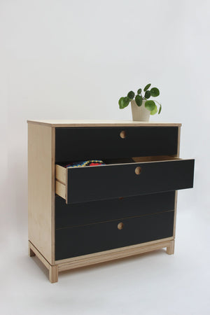 Modern chest of drawers made in birch plywood & Forbo lino. Handmade in Leyton, East London by Jon Grant London. 