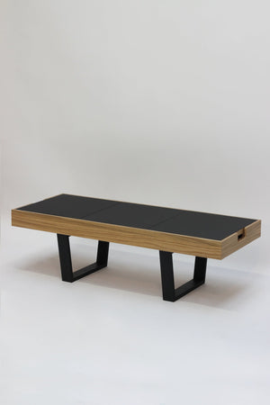 Contemporary coffee table perfect for a modern home. Made from oak veneer plywood, Forbo linoleum with Valchromat legs and features three reversible trays. Designed and made by Jon Grant London in Leyton, East London.