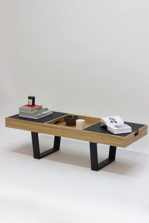 Contemporary coffee table perfect for a modern home. Made from oak veneer, Forbo linoleum with Valchromat legs and features three reversible trays. Designed and made by Jon Grant London in Leyton, East London.