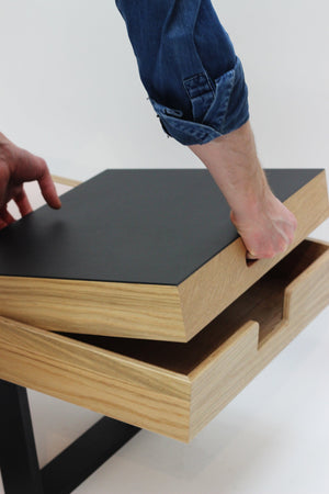 Modern coffee table with handmade oak & linoleum trays. Designed and handmade in Leyton, East London by Jon Grant London.