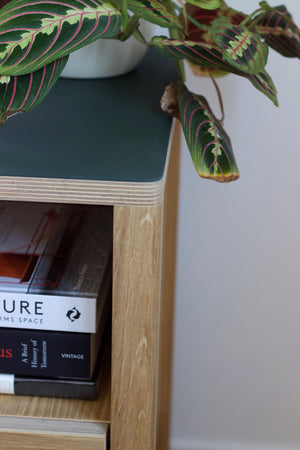 Oak veneer carcass and solid oak legs bedside table. Handmade by Jon Grant London in Leyton, East London